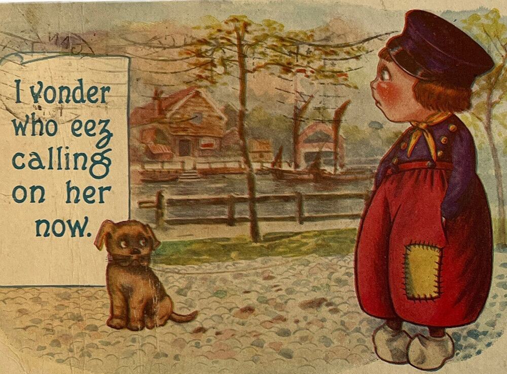 Antique 1916 Ephemera Postcard Humorous Sweet Message Dutch Boy Dog Posted IA Co